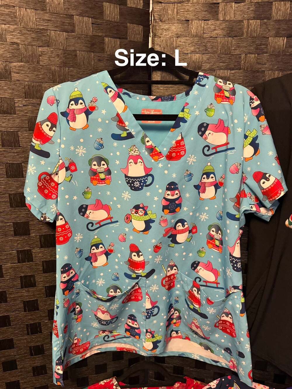 Ava Therese Penguin Holiday Print V-Neck Scrub Top Size L